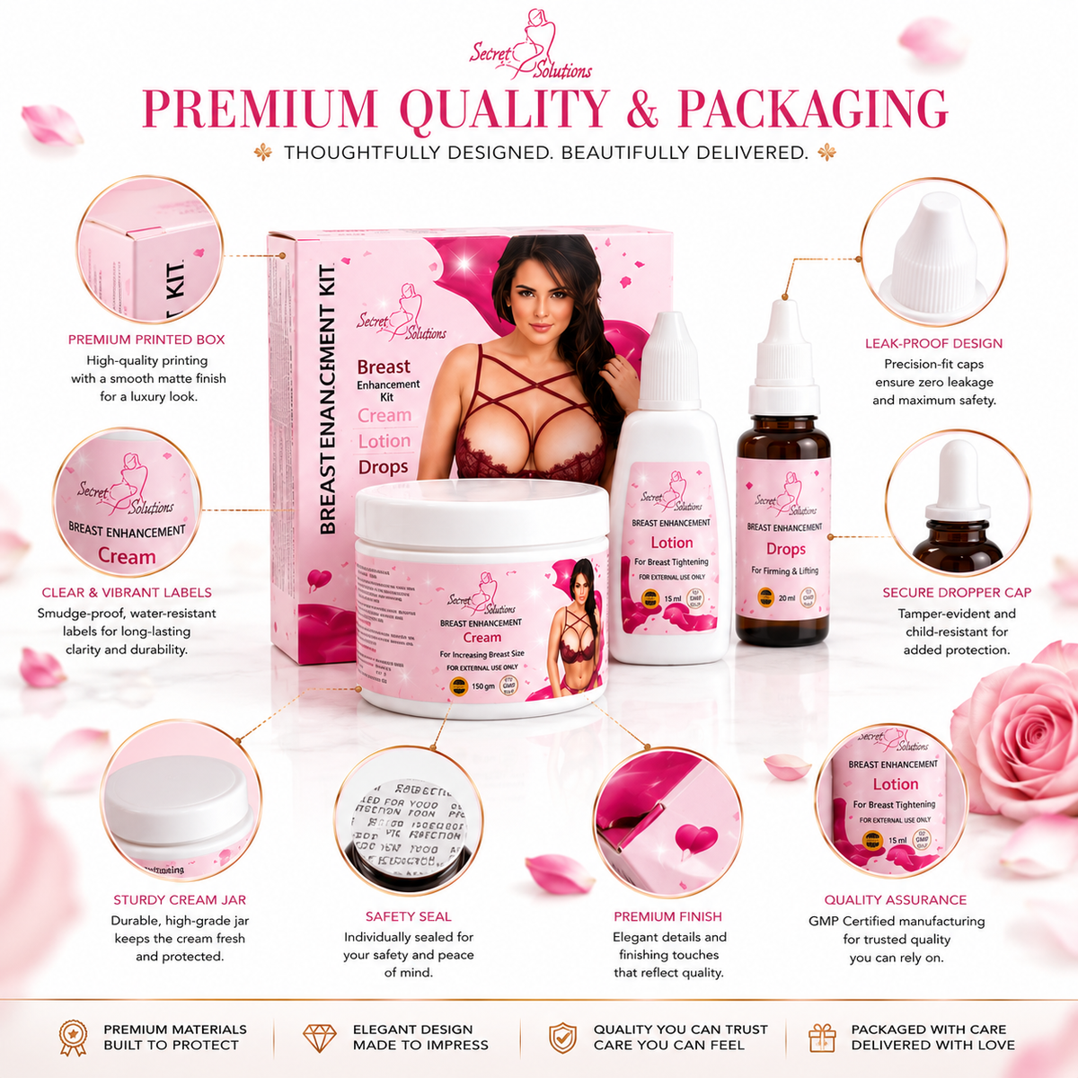 Breast Enhancement & Firming Care Kit – Cream, Lotion & Drops – Enhances Breast & Reduces Sagging – USA Imported