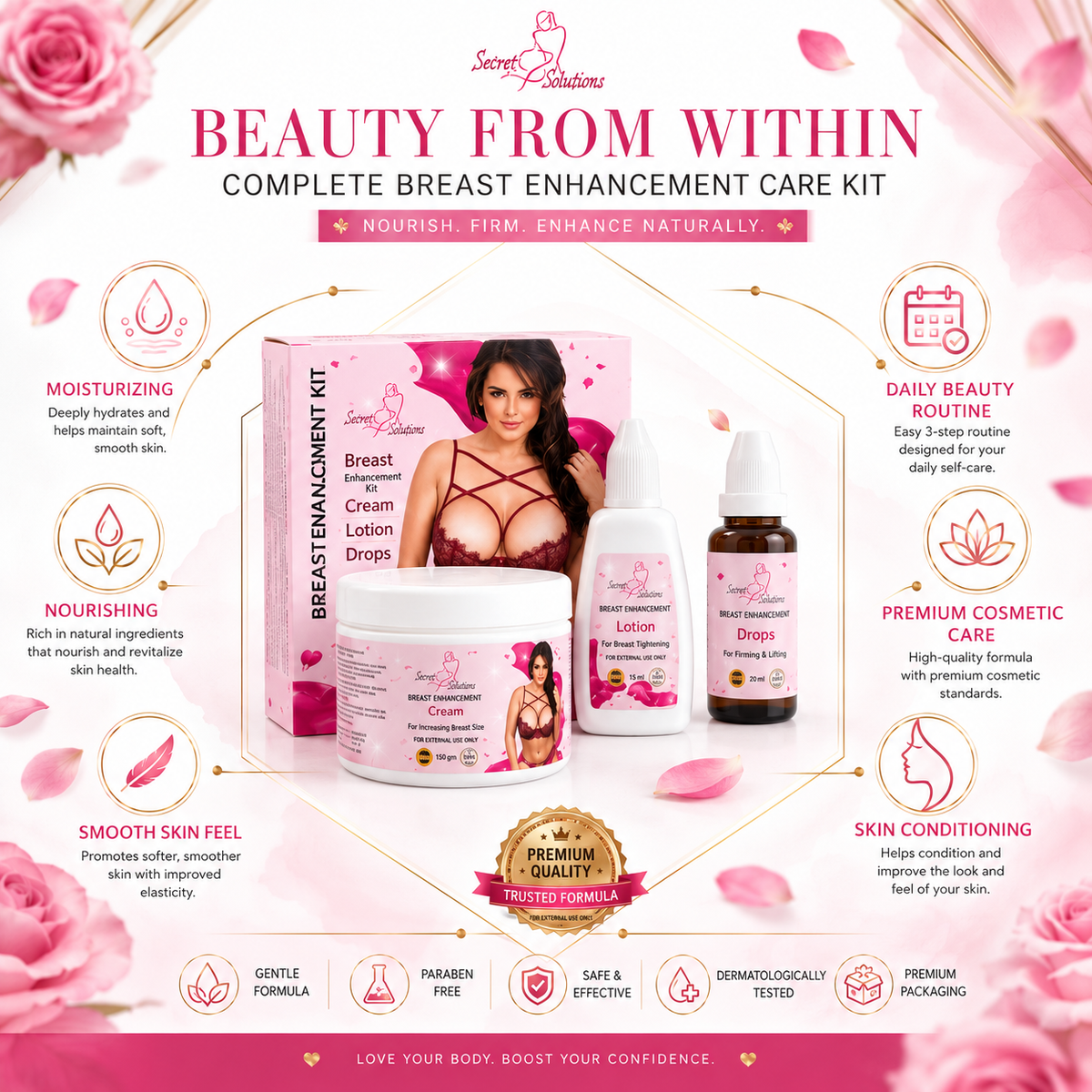 Breast Enhancement & Firming Care Kit – Cream, Lotion & Drops – Enhances Breast & Reduces Sagging – USA Imported