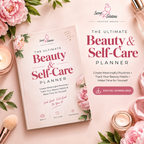 The Ultimate Beauty & Self-Care Planner by Secret Solutions Trusted Brand, shown as a digital download cover design styled with pink peony flowers, a lit candle, a makeup brush, and cosmetic jars on a soft pink background.