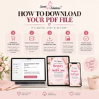 Promotional graphic for a PDF planner download from Secret Solutions, showing step-by-step instructions with numbered callouts, screenshots of the planner on a laptop and phone, and a pink mug on a light beige background.