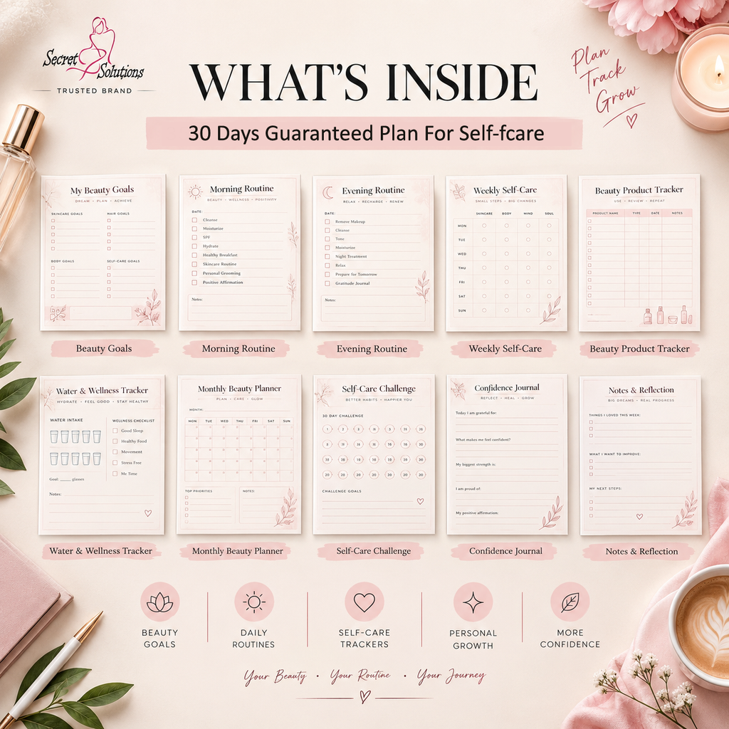 A promotional collage titled 'WHAT'S INSIDE' for a 30 Days Guaranteed Plan For Self-care, showing multiple planner pages such as beauty goals, morning and evening routines, weekly self-care tasks, a beauty product tracker, a water and wellness tracker, a monthly beauty planner, a self-care challenge log, a confidence journal, and notes and reflection pages. The layout is styled on a soft blush background with decorative props including a candle, flowers, a pen, and a cup of coffee.
