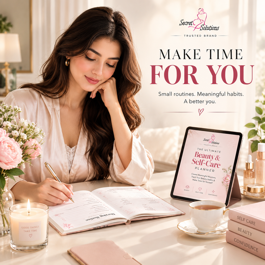 A woman in a white robe sits at a table writing in a journal, with a tablet showing a beauty and self-care planner, a candle, flowers, and stacked self-care books. The text reads 'MAKE TIME FOR YOU' and 'Secret Solutions Trusted Brand'.