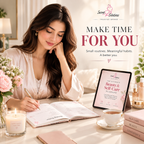 A woman in a white robe sits at a table writing in a journal, with a tablet showing a beauty and self-care planner, a candle, flowers, and stacked self-care books. The text reads 'MAKE TIME FOR YOU' and 'Secret Solutions Trusted Brand'.