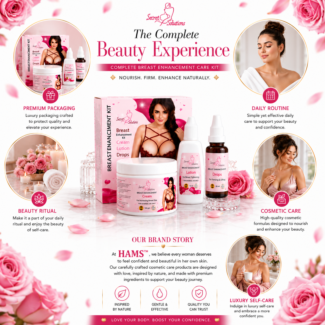 Breast Enhancement & Firming Care Kit – Cream, Lotion & Drops – Enhances Breast & Reduces Sagging – USA Imported