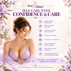 Promotional graphic for Secret Solutions Self-Care with Confidence & Care guide, featuring a woman in a lavender lace bra and matching robe against a soft floral background, with text outlining self-care instructions.