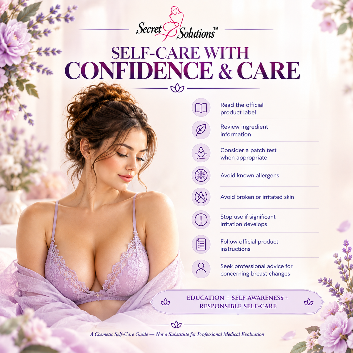 Promotional graphic for Secret Solutions Self-Care with Confidence & Care guide, featuring a woman in a lavender lace bra and matching robe against a soft floral background, with text outlining self-care instructions.
