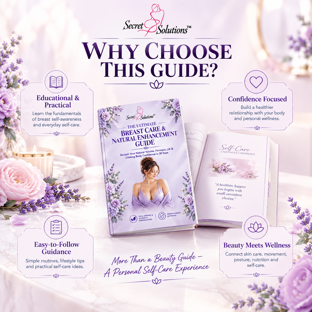 Promotional graphic for the Secret Solutions 'The Ultimate Breast Care & Natural Enhancement Guide' showing the book cover and an accompanying booklet on a soft lavender and white background with decorative flowers and text callouts.