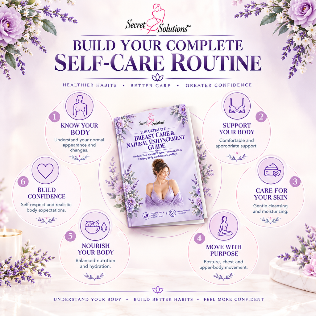 Promotional graphic for Secret Solutions 'The Divine Breast Care & Natural Enema Guide' book, featuring a lavender and purple cover with an illustration of a woman in a bath. The central book is surrounded by six numbered self-care tips on a soft lavender background with floral borders and candles.