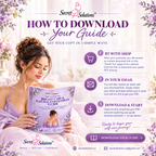 Promotional graphic for Secret Solutions 'The Ultimate Breast Care & Natural Enhancement Guide' showing a woman reading the guide, with step-by-step instructions on how to download the guide in three ways: by with shop, in your email, and download & start.
