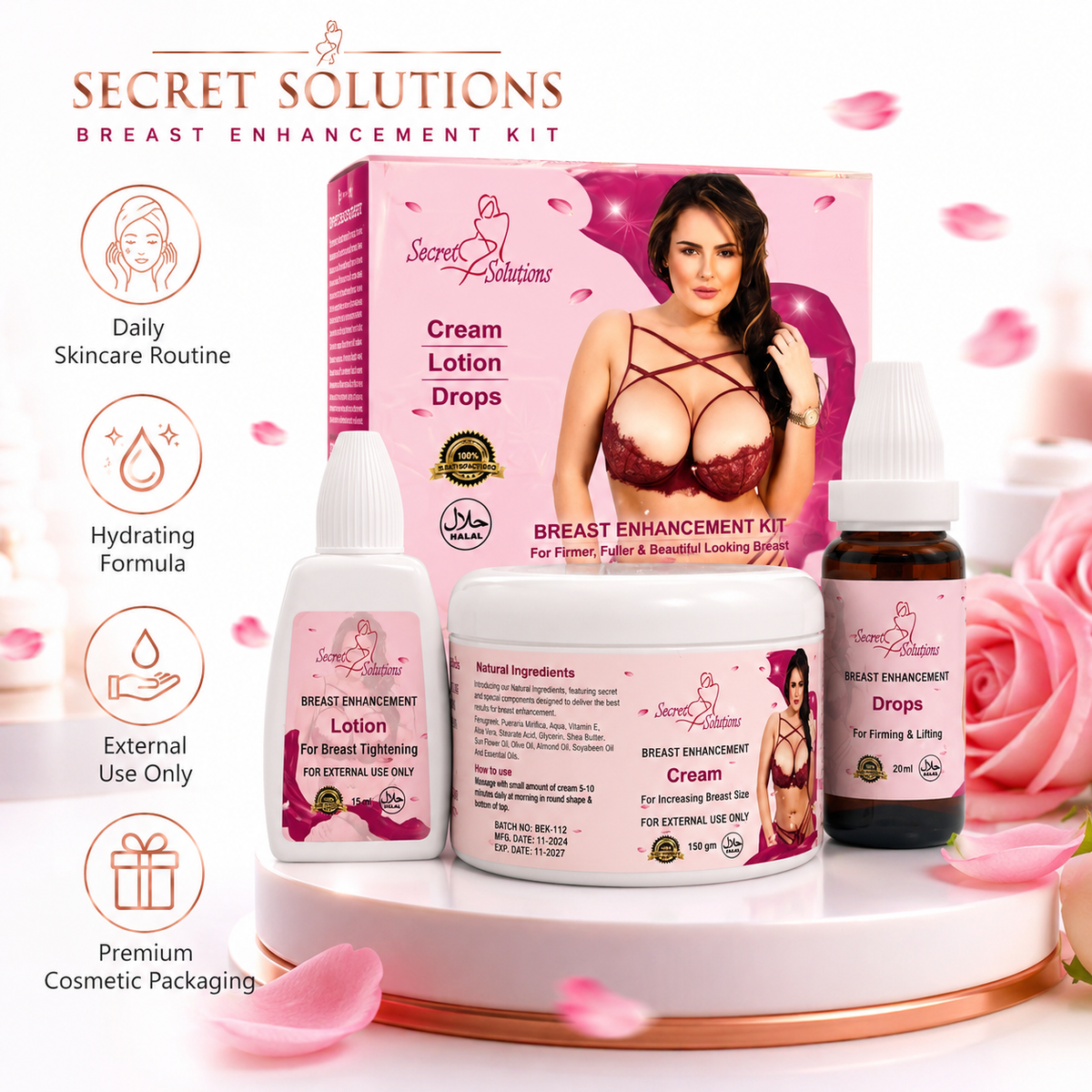 Secret Solutions™ Breast Enhancement Cream in the 3-piece bust care kit designed for a fuller-looking and well-cared-for bust appearance