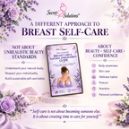 Promotional graphic for Secret Solutions Breast Self-Care, featuring a central book cover surrounded by lavender flowers, pink ribbons, and text about self-care and beauty.