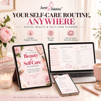 Digital self-care planner mockup displayed on a tablet, laptop, and smartphone, with promotional text reading 'Your Self-Care Routine, Anywhere' and 'The Ultimate Beauty & Self-Care Planner.' The scene includes a laptop, phone, tablet, pink mug, pen, flowers, and a candle on a light neutral background.