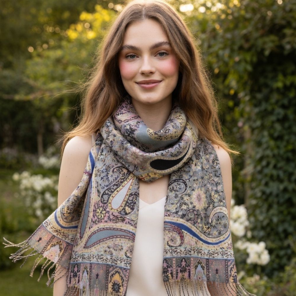 Ladies’ Premium Wool Paisley Floral Scarf – Elegant Printed Shawl with Fringed Edges