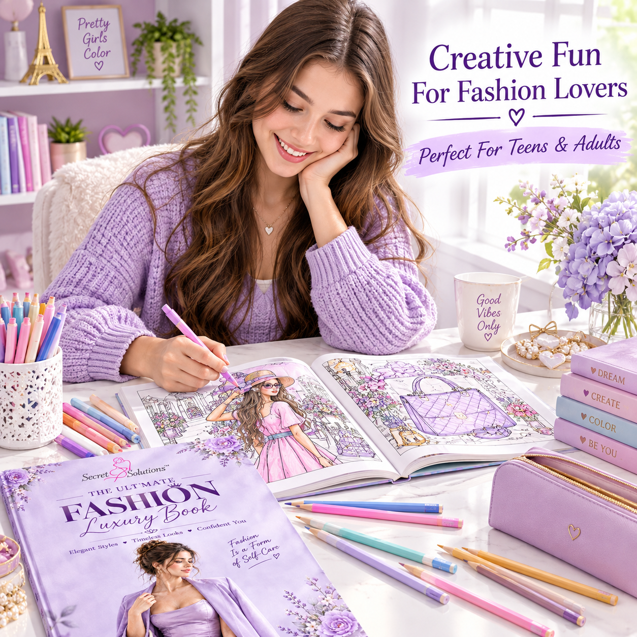A woman in a lavender sweater sits at a desk coloring in a fashion-themed coloring book with matching colored pens and pencils around her. The scene is bright and styled with fashion accessories, flowers, and promotional text reading 'Creative Fun For Fashion Lovers' and 'Perfect For Teens & Adults.