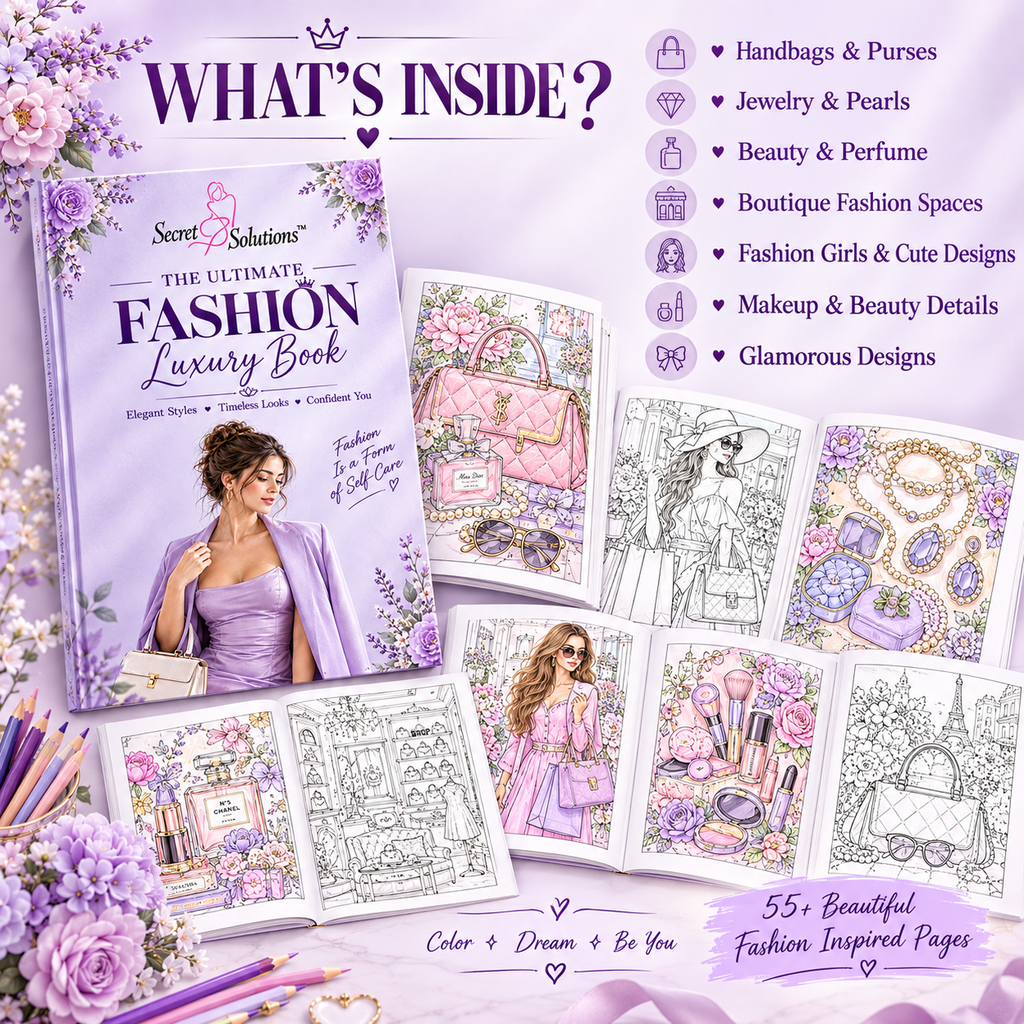Promotional graphic for 'The Ultimate Fashion Luxury Book' by Secret Solutions, showing the book cover and several illustrated fashion-themed interior pages. Text on the right lists included items such as handbags, jewelry, beauty products, boutique fashion spaces, fashion girls designs, makeup beauty details, and glamorous designs.