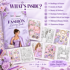 Promotional graphic for 'The Ultimate Fashion Luxury Book' by Secret Solutions, showing the book cover and several illustrated fashion-themed interior pages. Text on the right lists included items such as handbags, jewelry, beauty products, boutique fashion spaces, fashion girls designs, makeup beauty details, and glamorous designs.