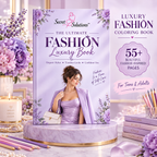 A styled product display of 'The Ultimate Fashion Luxury Book' by Secret Solutions. The book cover is lavender with a photo of a woman in a purple dress, set on a marble pedestal.