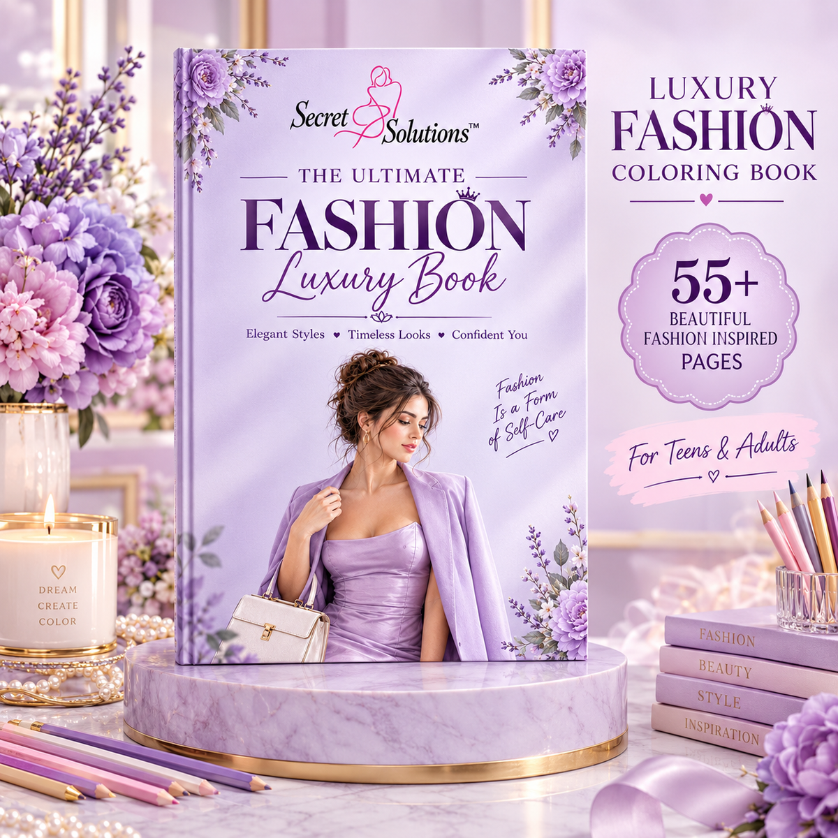 A styled product display of 'The Ultimate Fashion Luxury Book' by Secret Solutions. The book cover is lavender with a photo of a woman in a purple dress, set on a marble pedestal.