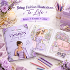 A styled flat-lay of a lavender-themed fashion coloring book and an open coloring page featuring a woman in a purple dress with handbags and accessories. The scene includes colored pencils, flowers, candles, and stacked purple books on a marble surface, with the text 'Bring Fashion Illustrations To Life' and 'Relax • Create • Color' at the top.
