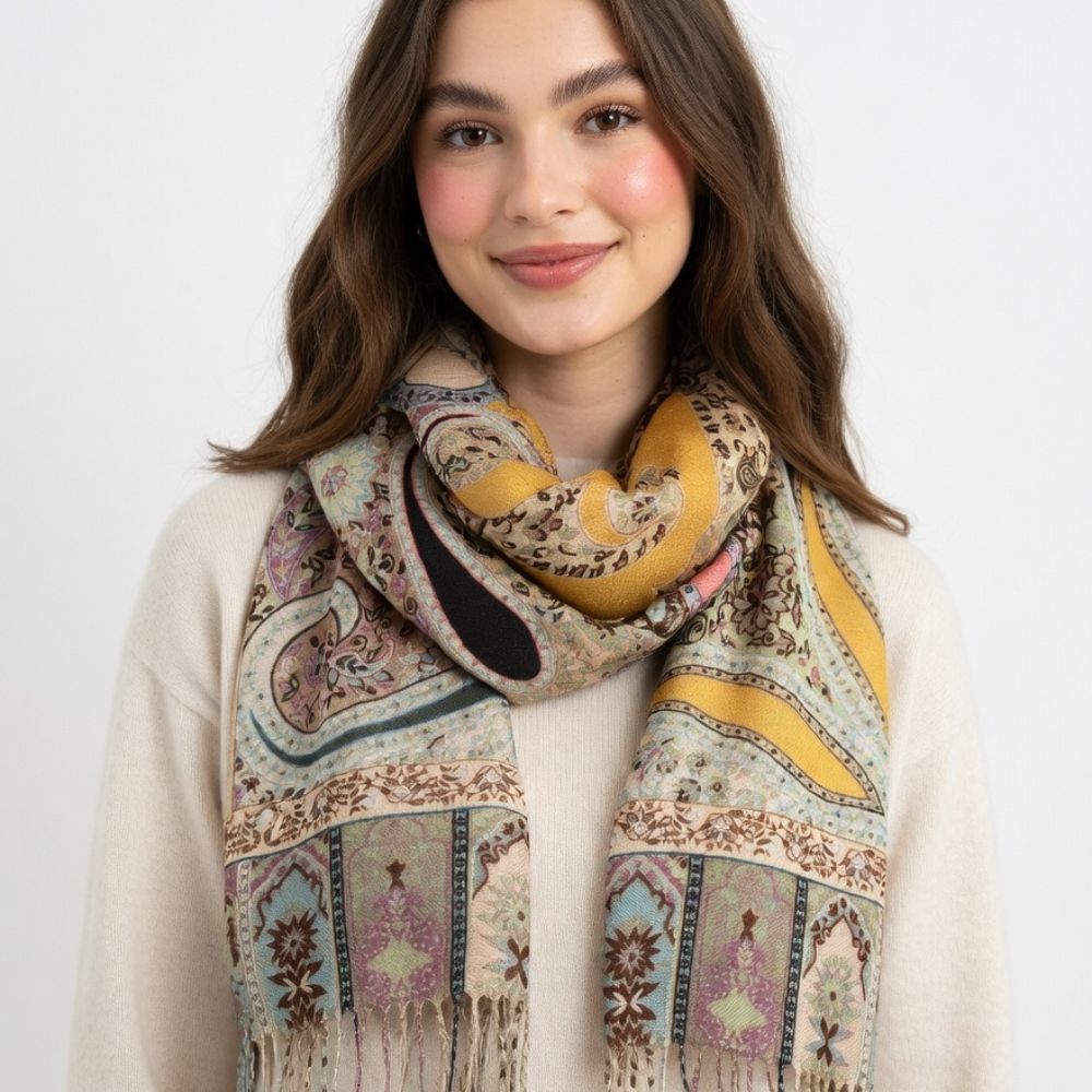 Ladies’ Premium Wool Paisley Floral Scarf – Elegant Printed Shawl with Fringed Edges