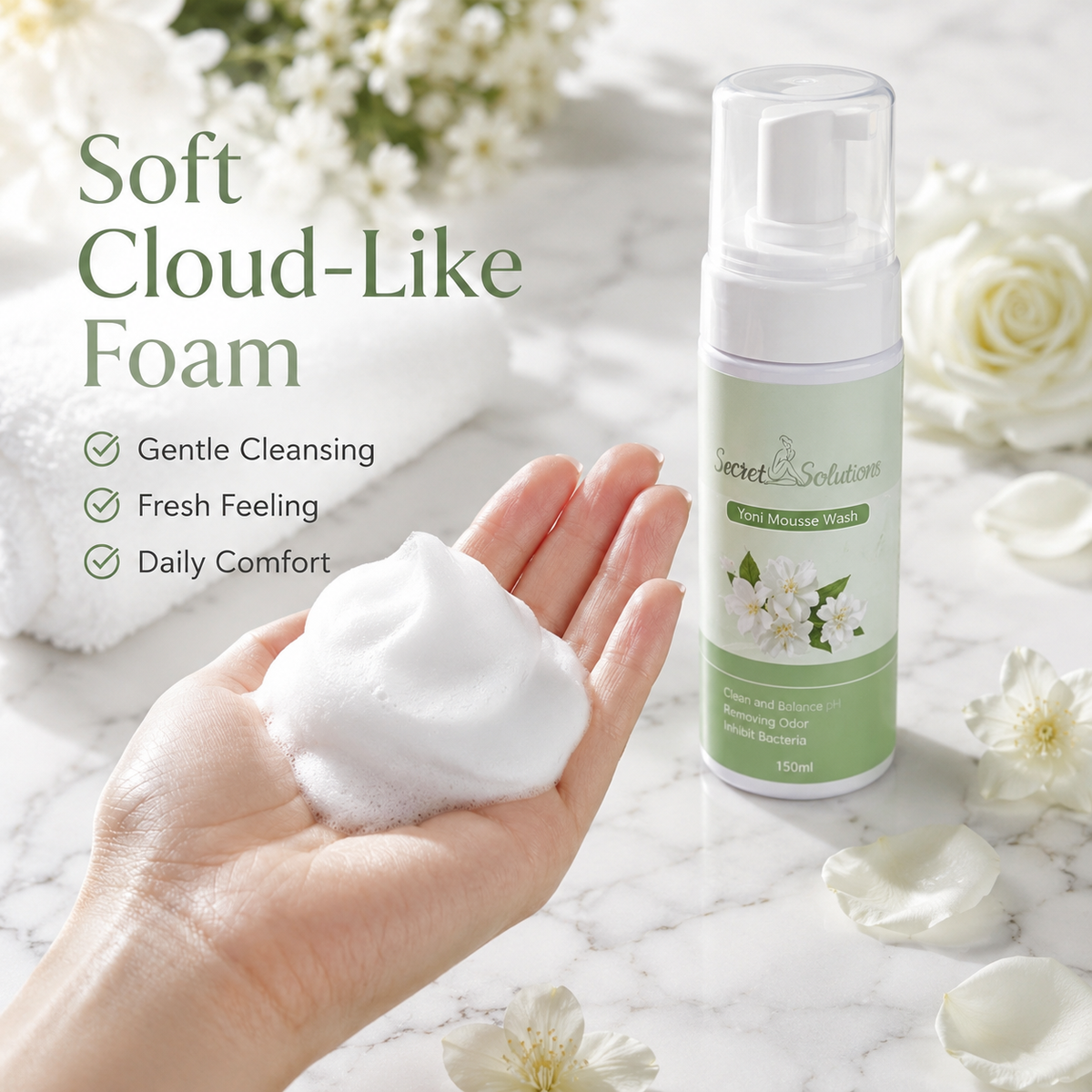 A hand holds a dollop of soft white foam next to a bottle of Scent & Solution Toner Moisture Wash on a marble surface with white flowers and petals.