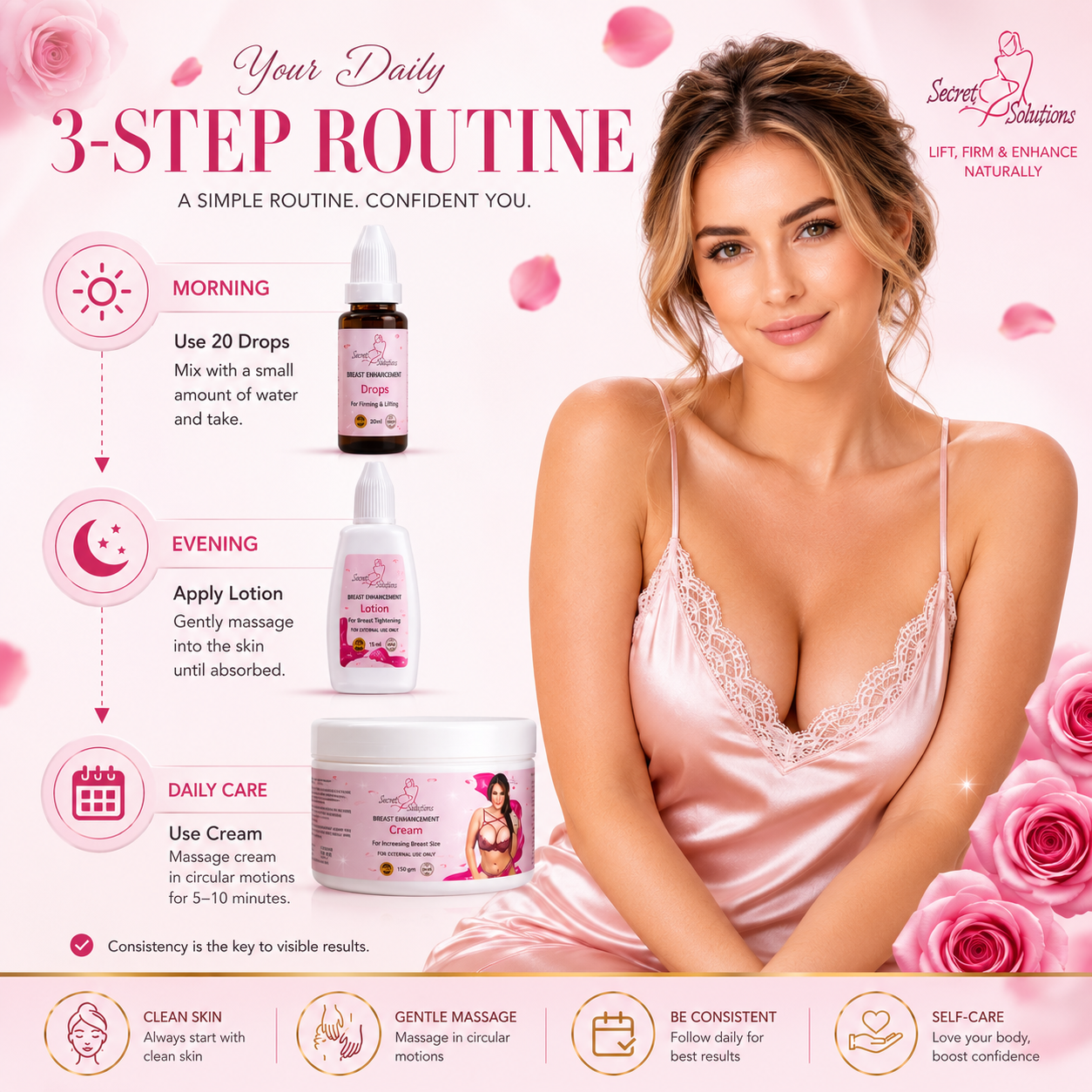 Breast Enhancement & Firming Care Kit – Cream, Lotion & Drops – Enhances Breast & Reduces Sagging – USA Imported