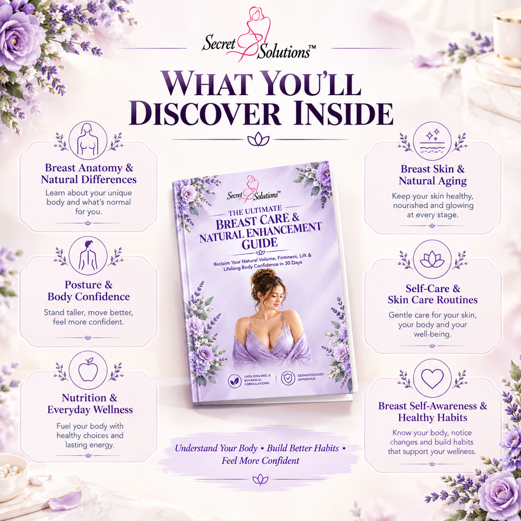 Promotional graphic for a breast care guide from Secret Solutions, showing the front cover of the book in the center with surrounding text callouts about topics like breast anatomy, skin aging, posture, nutrition, self-care, and awareness. The design uses soft lavender, pink, and white tones with floral corner accents.