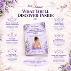 Promotional graphic for a breast care guide from Secret Solutions, showing the front cover of the book in the center with surrounding text callouts about topics like breast anatomy, skin aging, posture, nutrition, self-care, and awareness. The design uses soft lavender, pink, and white tones with floral corner accents.