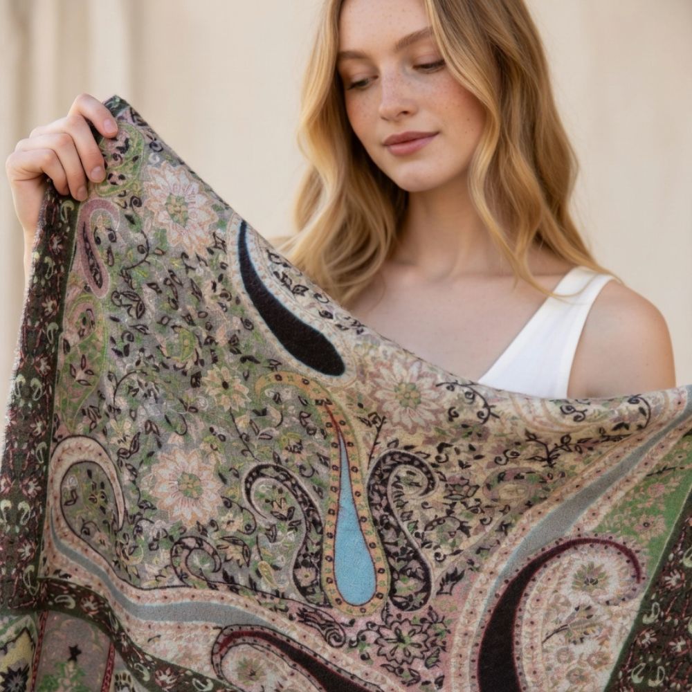 Ladies’ Premium Wool Paisley Floral Scarf – Elegant Printed Shawl with Fringed Edges