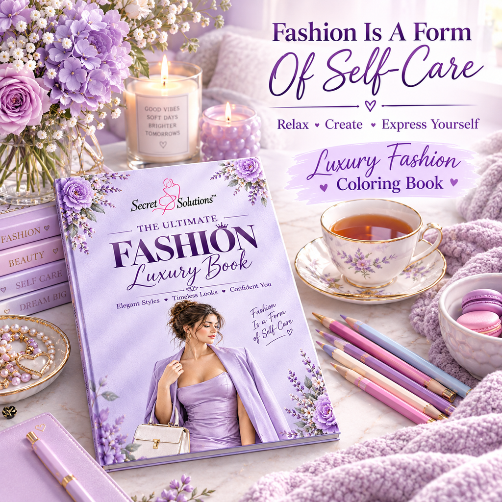 The Ultimate Fashion Luxury Coloring Book by Secret Solutions, styled in a cozy, lavender-themed self-care setting with a teacup, pencils, and flowers.