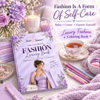 The Ultimate Fashion Luxury Coloring Book by Secret Solutions, styled in a cozy, lavender-themed self-care setting with a teacup, pencils, and flowers.