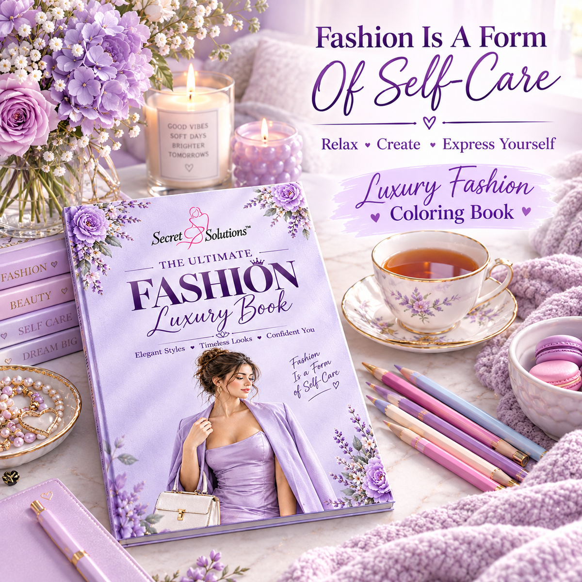 The Ultimate Fashion Luxury Coloring Book by Secret Solutions, styled in a cozy, lavender-themed self-care setting with a teacup, pencils, and flowers.