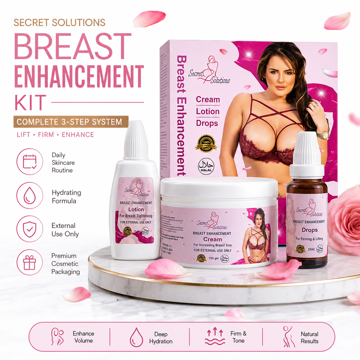 Breast Enhancement & Firming Care Kit – Cream, Lotion & Drops – Enhances Breast & Reduces Sagging – USA Imported