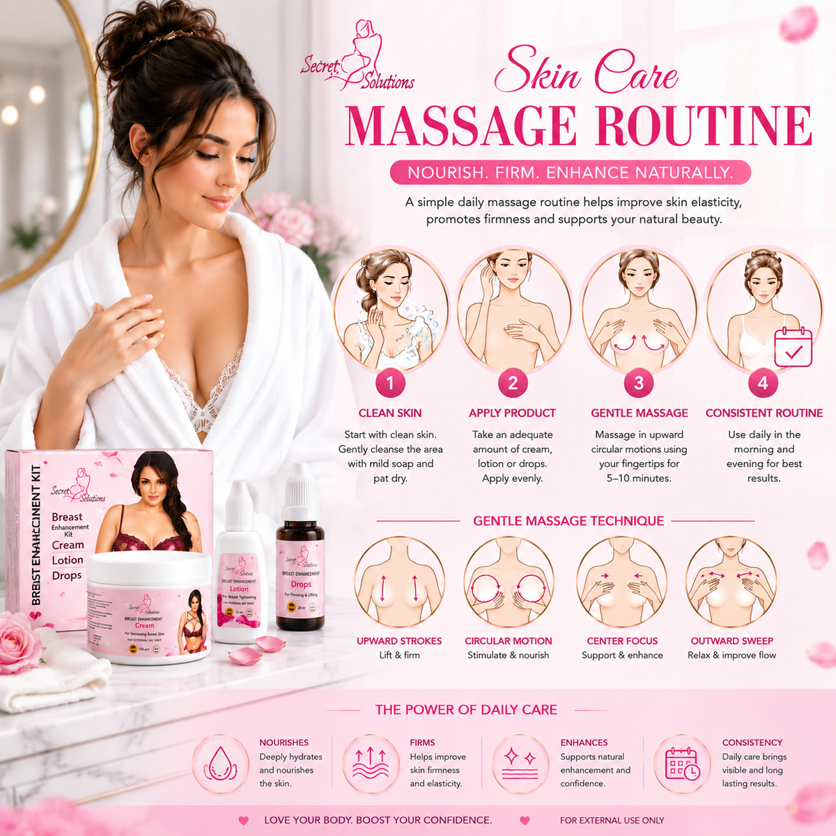 Breast Enhancement & Firming Care Kit – Cream, Lotion & Drops – Enhances Breast & Reduces Sagging – USA Imported