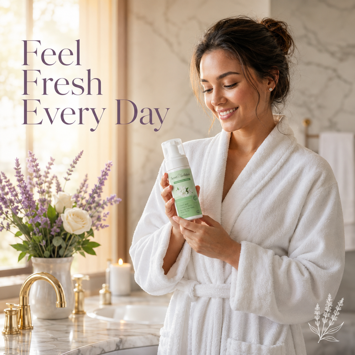 A woman in a white bathrobe stands in a bright bathroom holding a green and white bottle, with the text 'Feel Fresh Every Day' on the left side of the image.