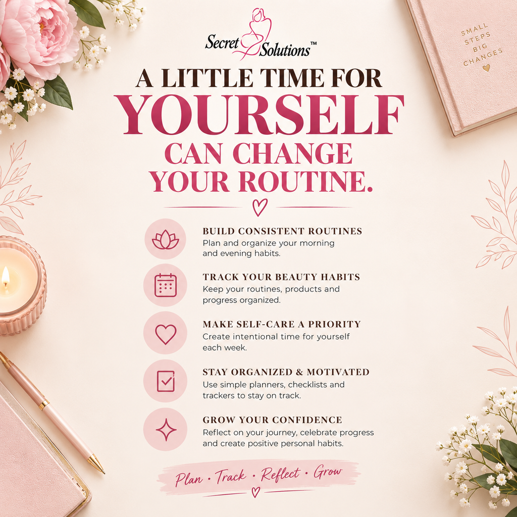 A motivational self-care graphic with the text 'A LITTLE TIME FOR YOURSELF CAN CHANGE YOUR ROUTINE.' and several pink icons with short phrases like 'Build consistent routines' and 'Track your beauty habits.