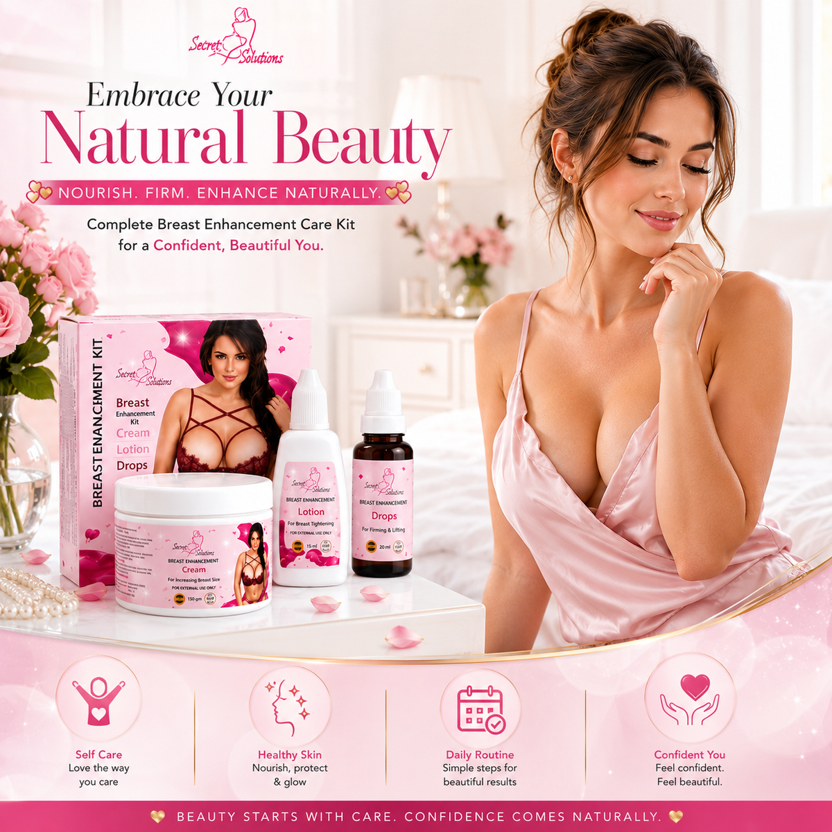Breast Enhancement & Firming Care Kit – Cream, Lotion & Drops – Enhances Breast & Reduces Sagging – USA Imported