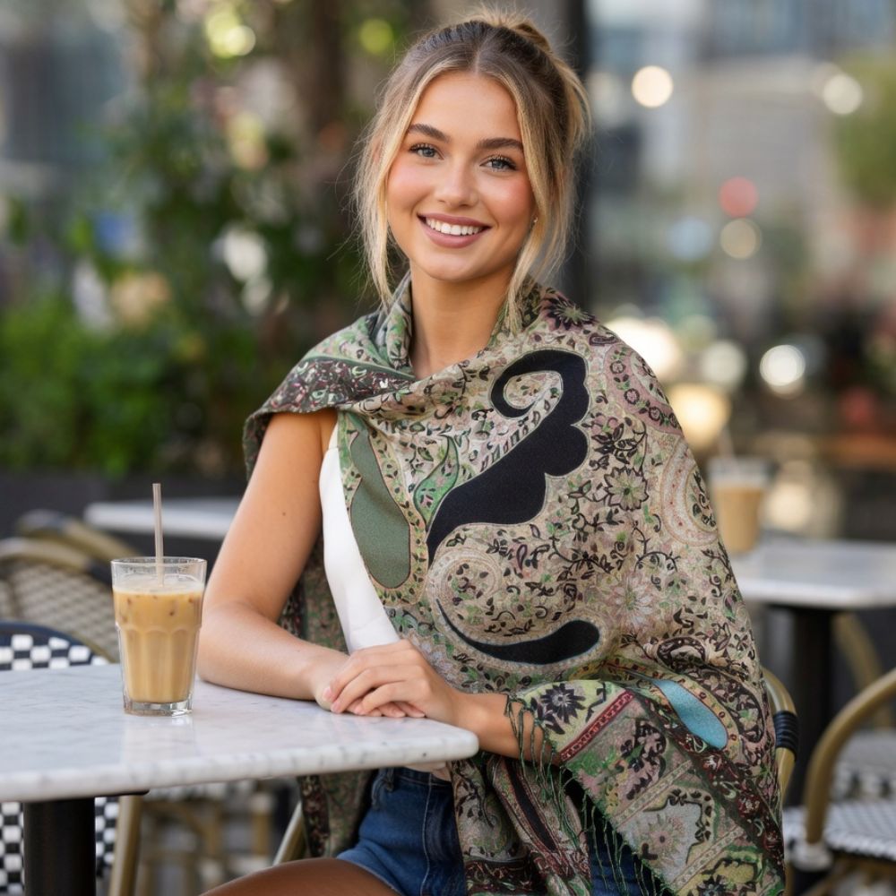 Ladies’ Premium Wool Paisley Floral Scarf – Elegant Printed Shawl with Fringed Edges