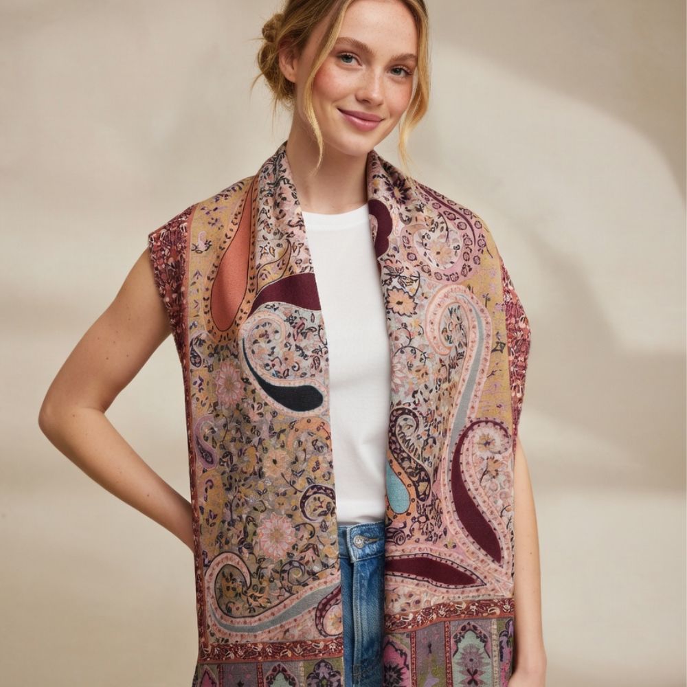 Ladies’ Premium Wool Paisley Floral Scarf – Elegant Printed Shawl with Fringed Edges
