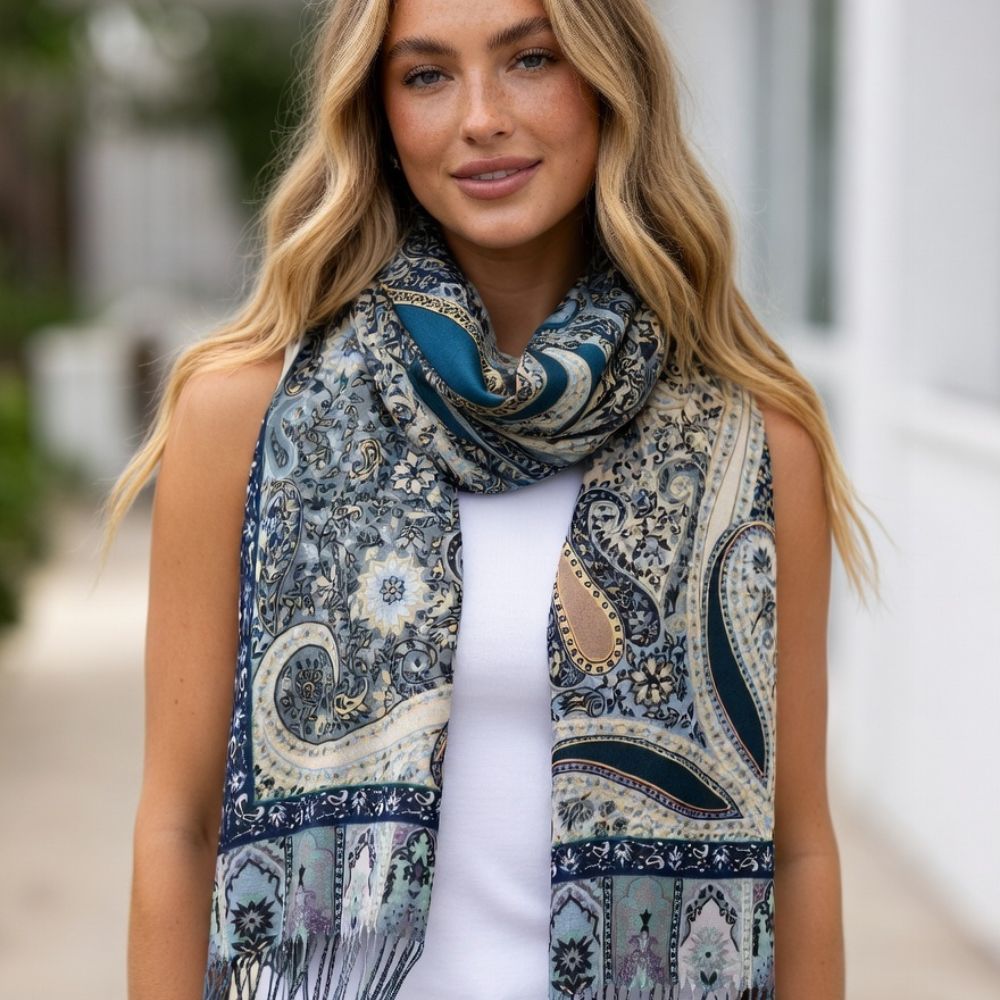 Ladies’ Premium Wool Paisley Floral Scarf – Elegant Printed Shawl with Fringed Edges
