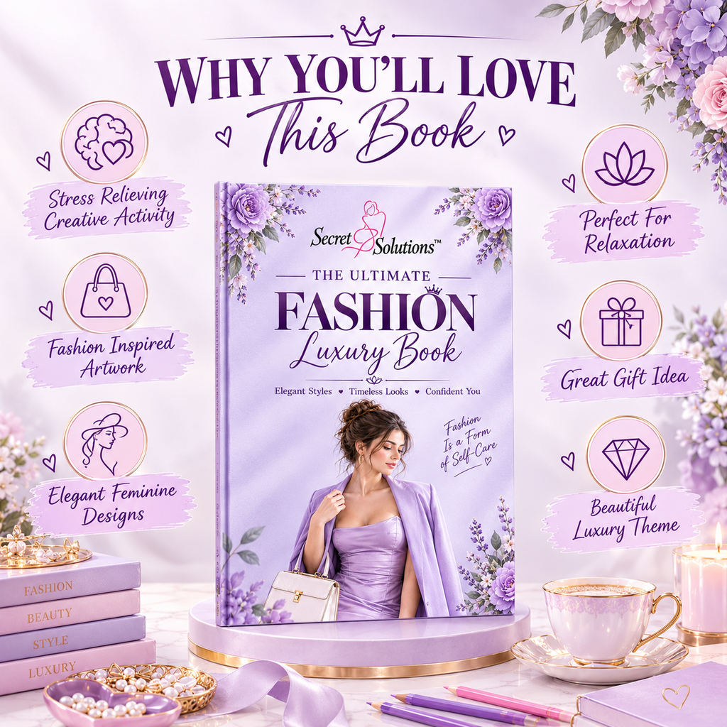 A promotional graphic for a book titled 'The Ultimate Fashion Luxury Book' by Secret Solutions. The book cover is lavender with purple floral illustrations and a photo of a woman in a purple dress.