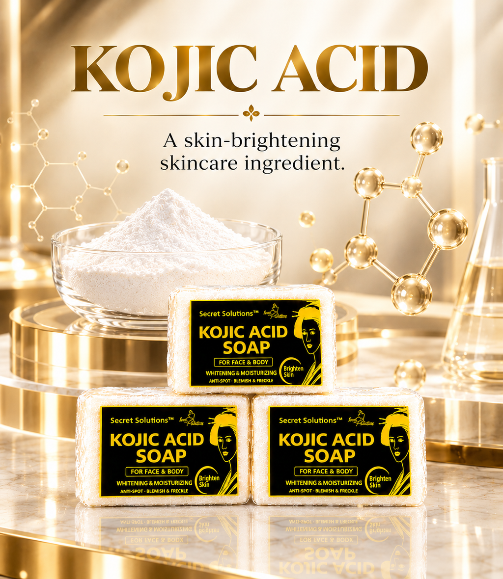 Three bars of Secret Solutions Kojic Acid Soap arranged on a reflective gold surface, with a bowl of white powder and gold molecular graphics in the background. Large text at the top reads 'KOJIC ACID' with smaller descriptive copy below.