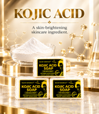 Three bars of Secret Solutions Kojic Acid Soap arranged on a reflective gold surface, with a bowl of white powder and gold molecular graphics in the background. Large text at the top reads 'KOJIC ACID' with smaller descriptive copy below.