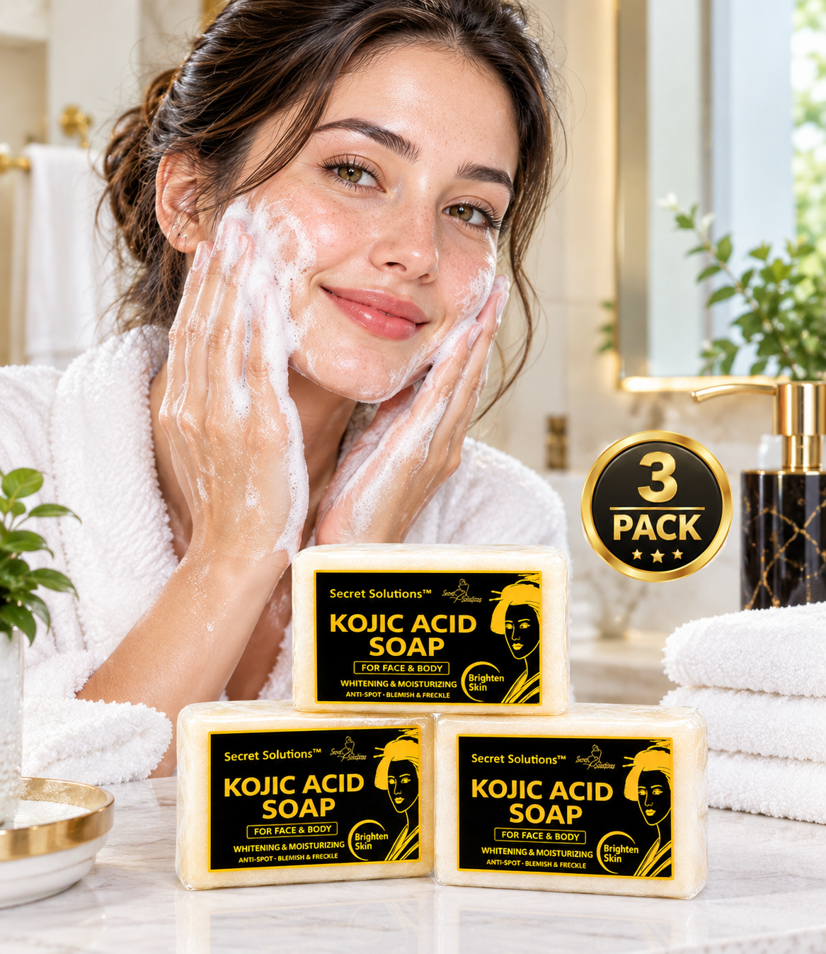 Three bars of Secret Solutions Kojic Acid Soap arranged on a bathroom counter, with a woman in a white robe washing her face with soapy foam in the background. A gold '3 PACK' badge is visible on the right.