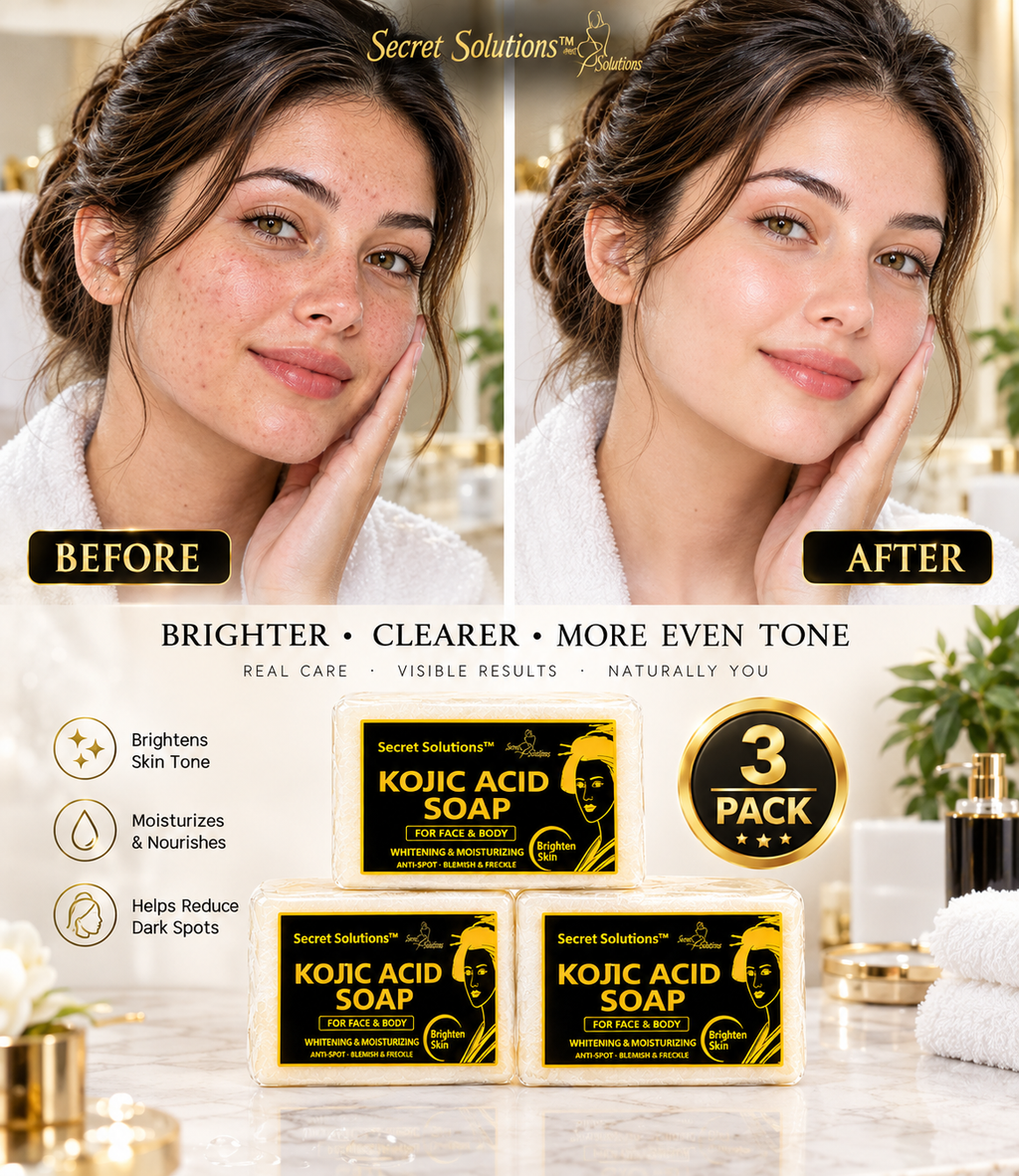 Before and after skin comparison of a woman with Secret Solutions Kojic Acid Soap, shown with three packaged soap bars and a 3-pack badge on a bright bathroom-style background.