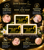 Three bars of Secret Solutions Kojic Acid Soap arranged on a dark stone surface with decorative white flowers and gold lighting. The image includes promotional text callouts about skincare benefits and circular inset photos of a woman's face and hands.