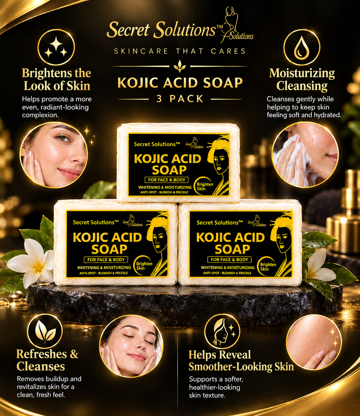 Three bars of Secret Solutions Kojic Acid Soap arranged on a dark stone surface with decorative white flowers and gold lighting. The image includes promotional text callouts about skincare benefits and circular inset photos of a woman's face and hands.