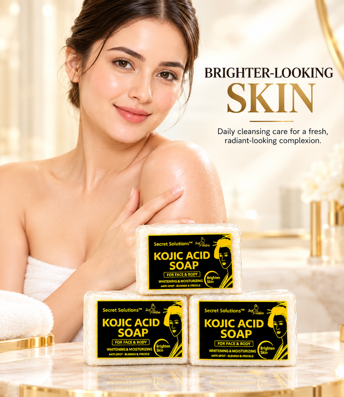 Three bars of Secret Solutions Kojic Acid Soap are displayed on a marble countertop in a bright bathroom setting, with a woman holding one bar behind them. The soap packaging is black and yellow, and the image includes promotional text on the right.