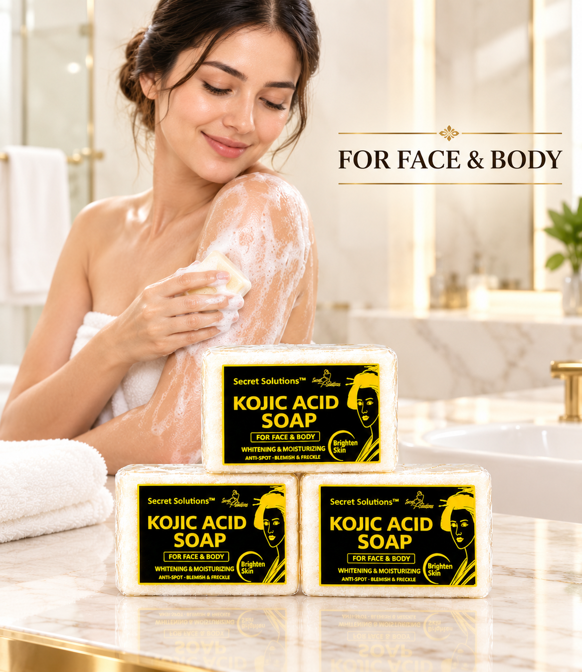 Three bars of Secret Solutions Kojic Acid Soap for face and body are displayed on a marble bathroom counter, with a woman wrapped in a towel washing her shoulder in the background.