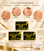 Three bars of Secret Solutions Kojic Acid Soap are displayed on a marble pedestal with a small glass bowl of white powder. Above the products, text highlights skin concerns like dark spots, blemishes, freckles, and uneven tone, accompanied by circular inset photos of skin conditions.